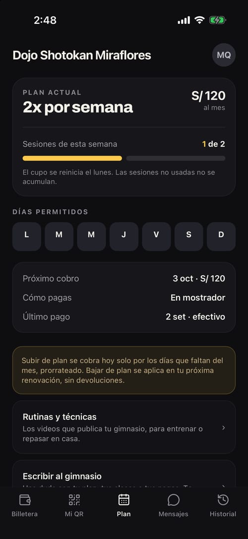 El plan del alumno: 2 por semana por S/ 120 al mes, 1 de 2 sesiones usadas y el próximo cobro el 3 de octubre.