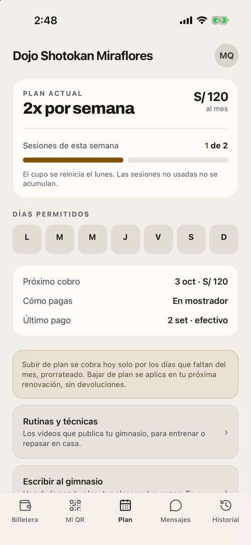 El plan del alumno: 2 por semana por S/ 120 al mes, 1 de 2 sesiones usadas y el próximo cobro el 3 de octubre.